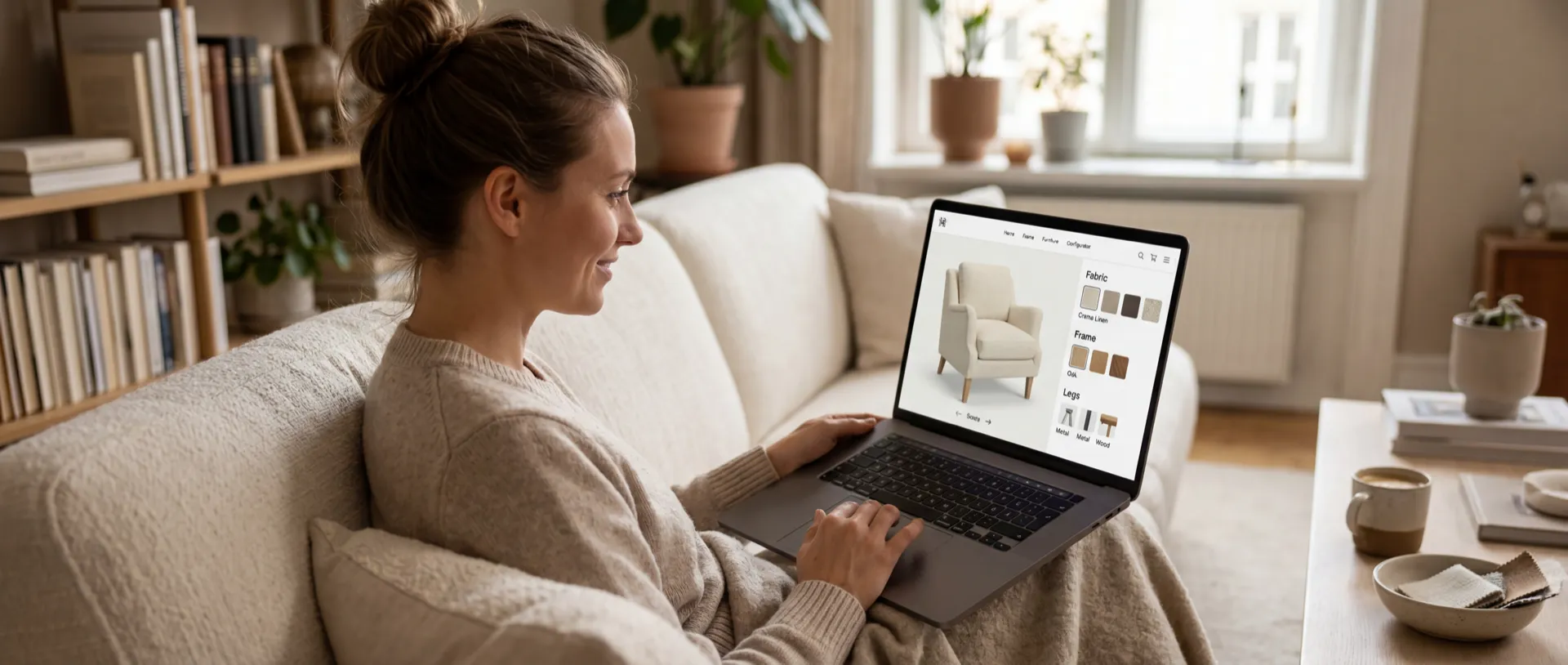 Woman browsing a 3D furniture configurator on her laptop from her living room