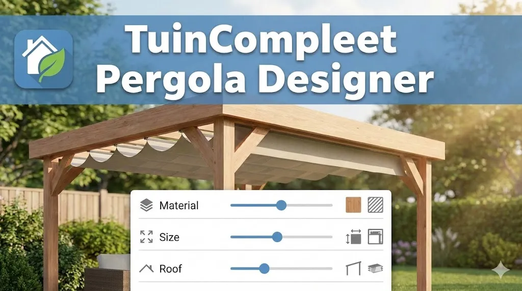 Pergola configurator showing size, color, and roof options rendered in 3D