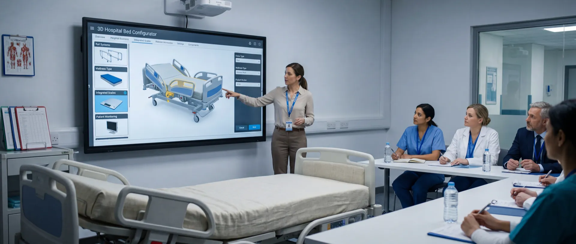 Woman presenting a 3D hospital bed configurator to nurses and doctors in a hospital setting