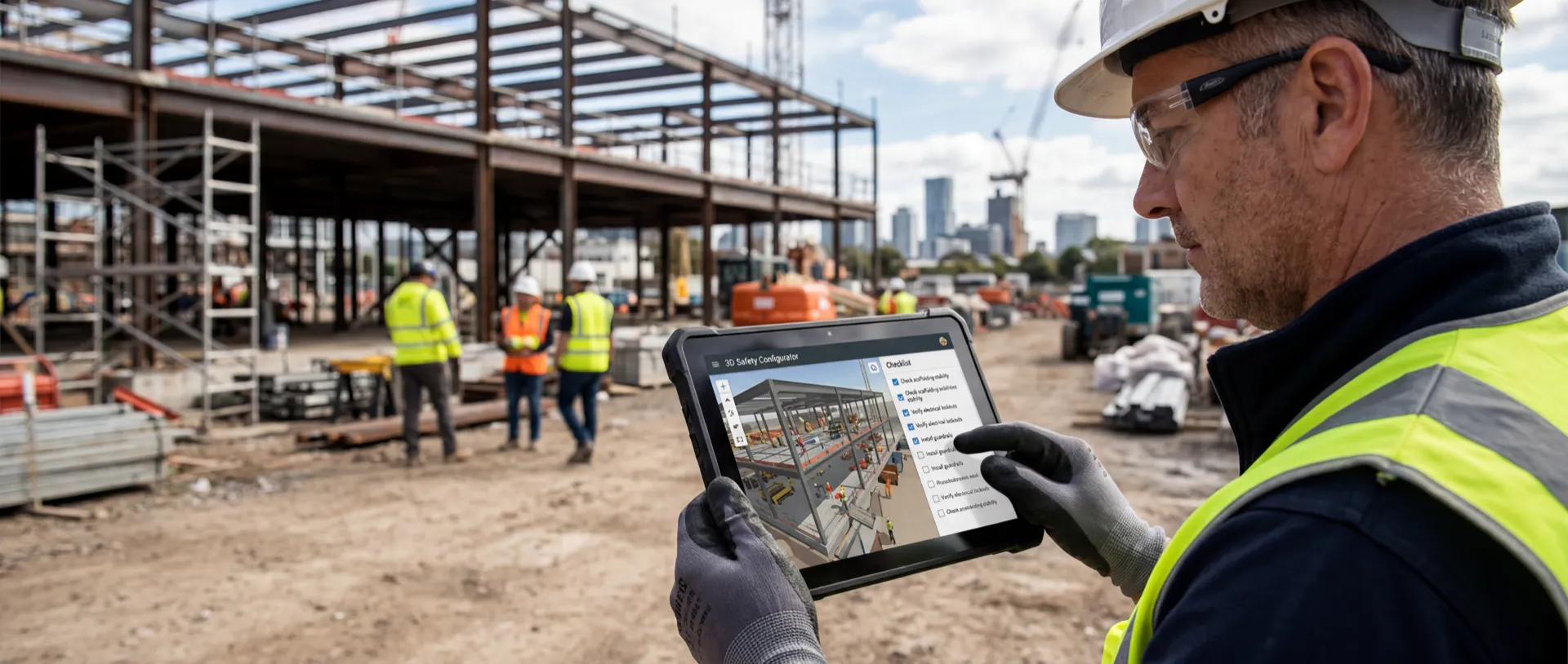 Construction worker viewing 3D safety training simulation on a tablet at a building site